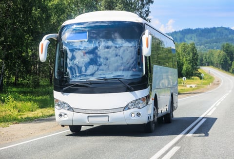 tourist bus moves along a country road on a sunny summer day